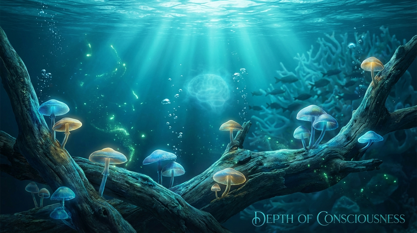 Bioluminescent mushrooms representing depth of consciousness and harm reduction