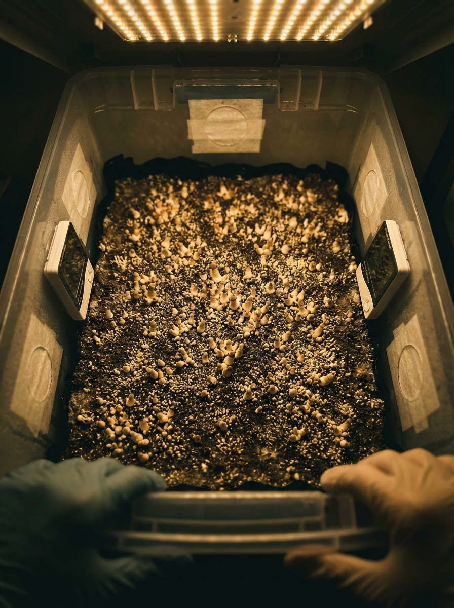 Overhead view of shotgun fruiting chamber with mushroom pins