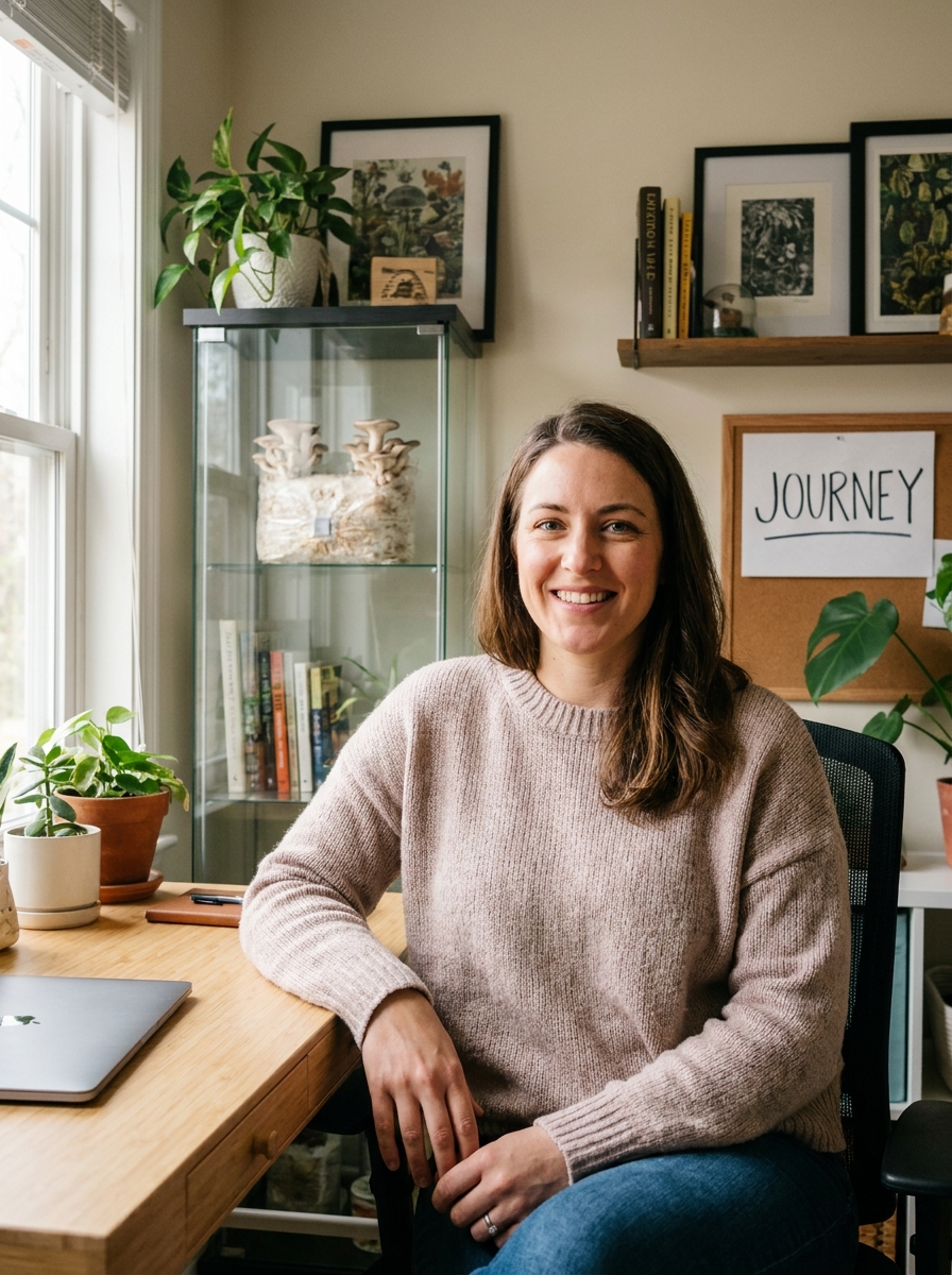 Mushroom educator in home office representing Michigan's advocacy community