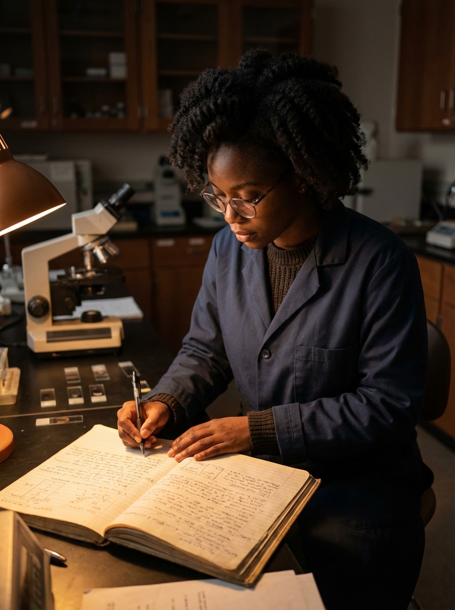 Researcher with lab notebook for substrate documentation