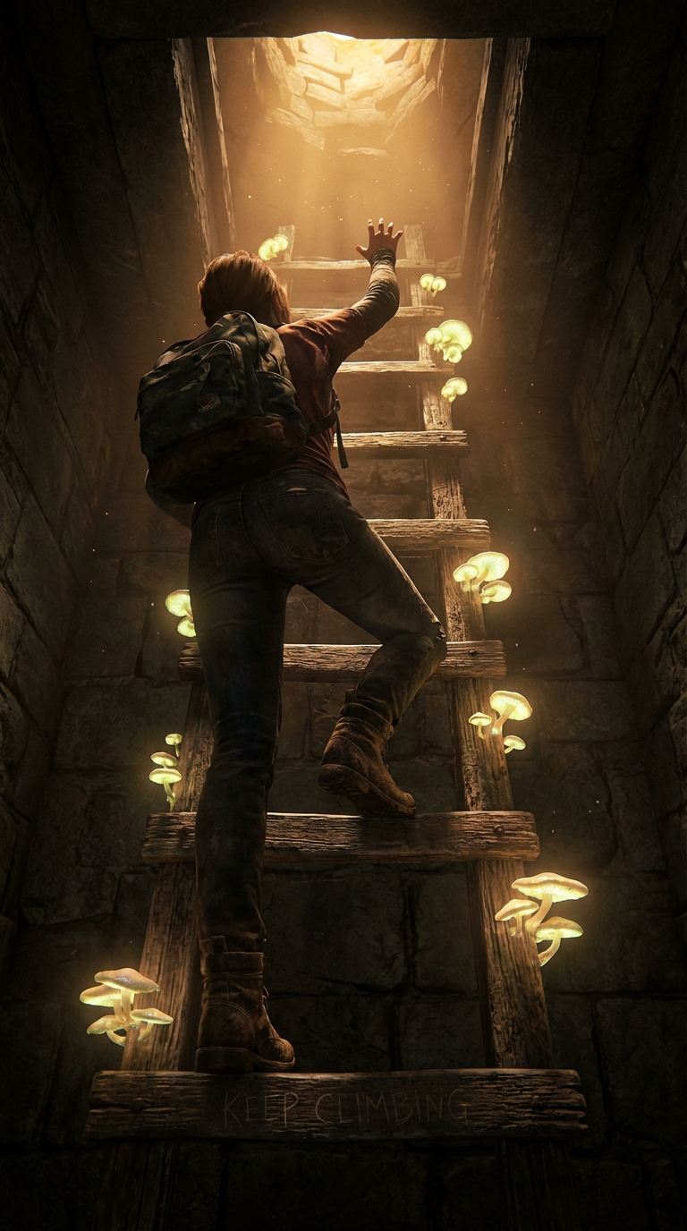 Person climbing toward light through mushrooms representing overcoming depression