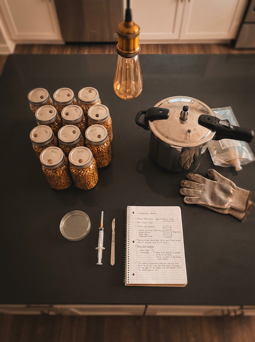 Grain jars in pressure cooker for grain spawn sterilization