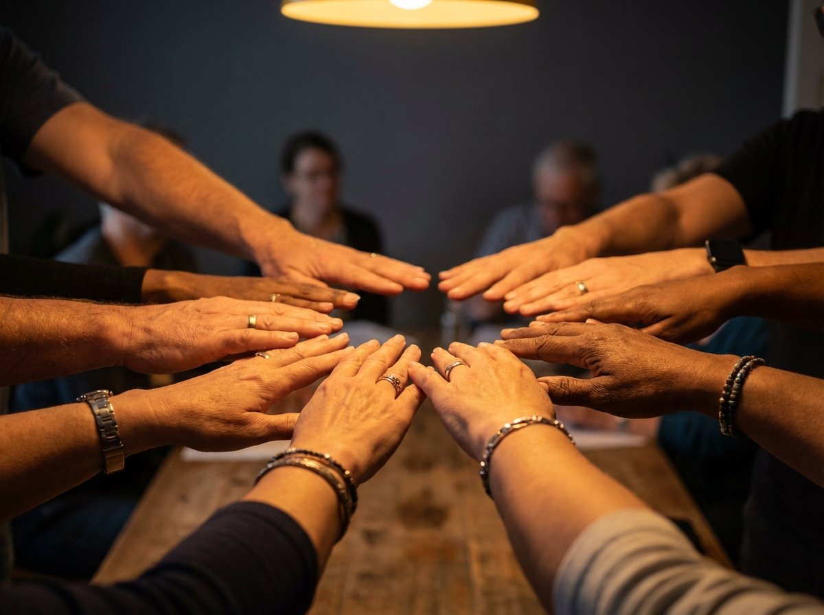 Diverse hands in a unity circle representing Colorado's collaborative psilocybin policy