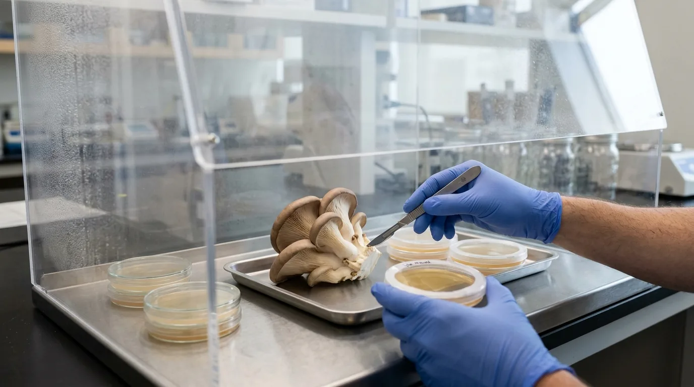 Gloved hands preparing a fresh mushroom specimen for tissue cloning inside a still air box.