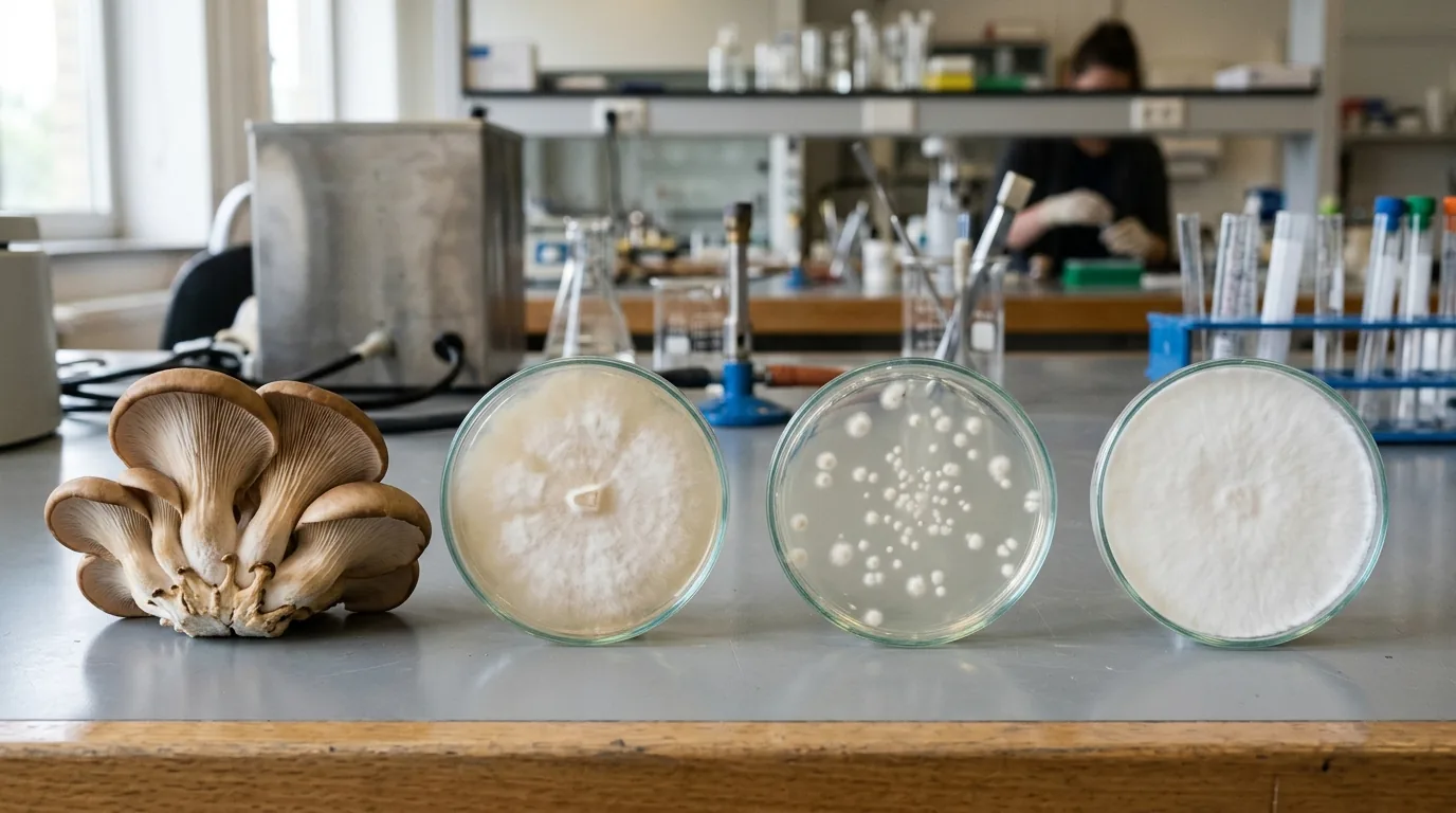 A fresh mushroom specimen displayed beside multiple agar culture plates.