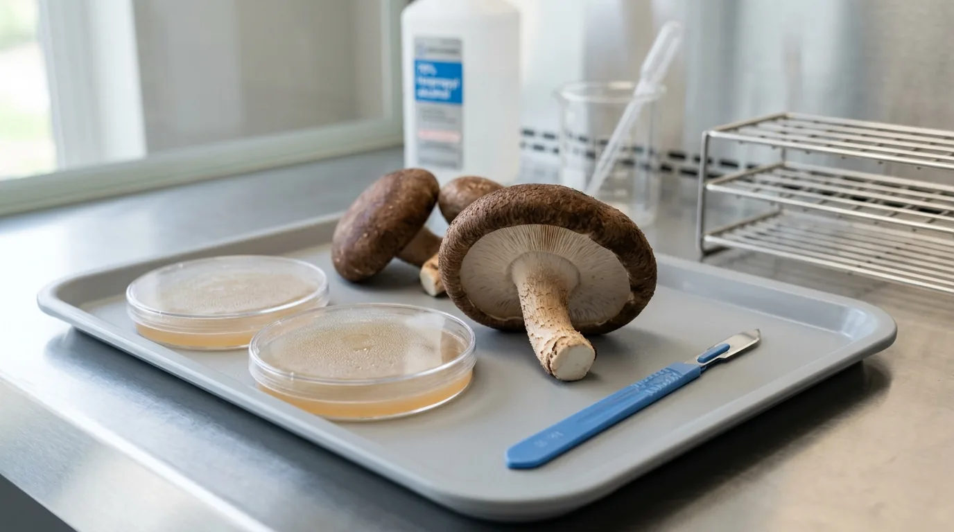 A fresh healthy mushroom specimen on a sterile tray beside agar plates and a scalpel.
