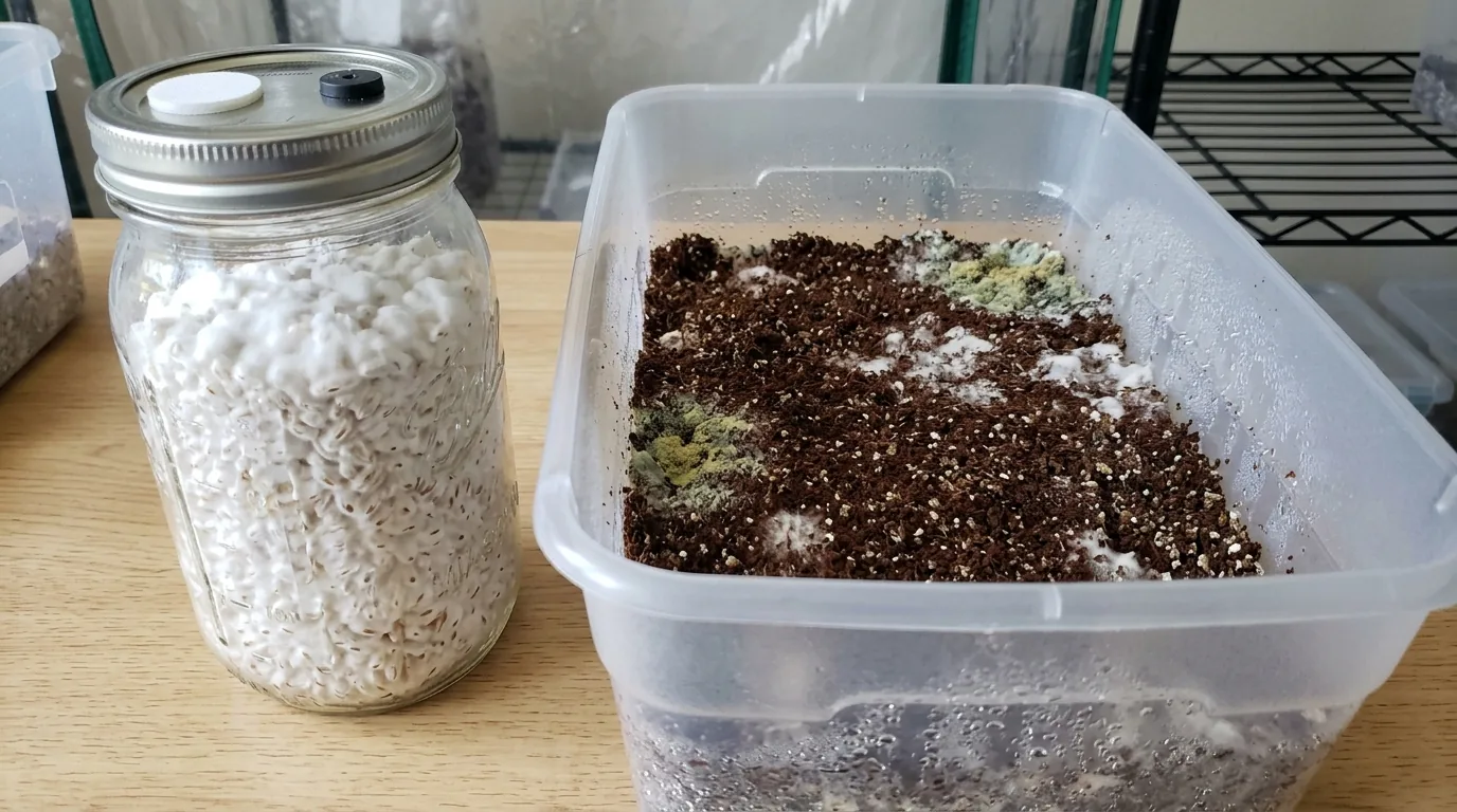 Several grain jars and substrate tubs arranged for troubleshooting colonization problems.