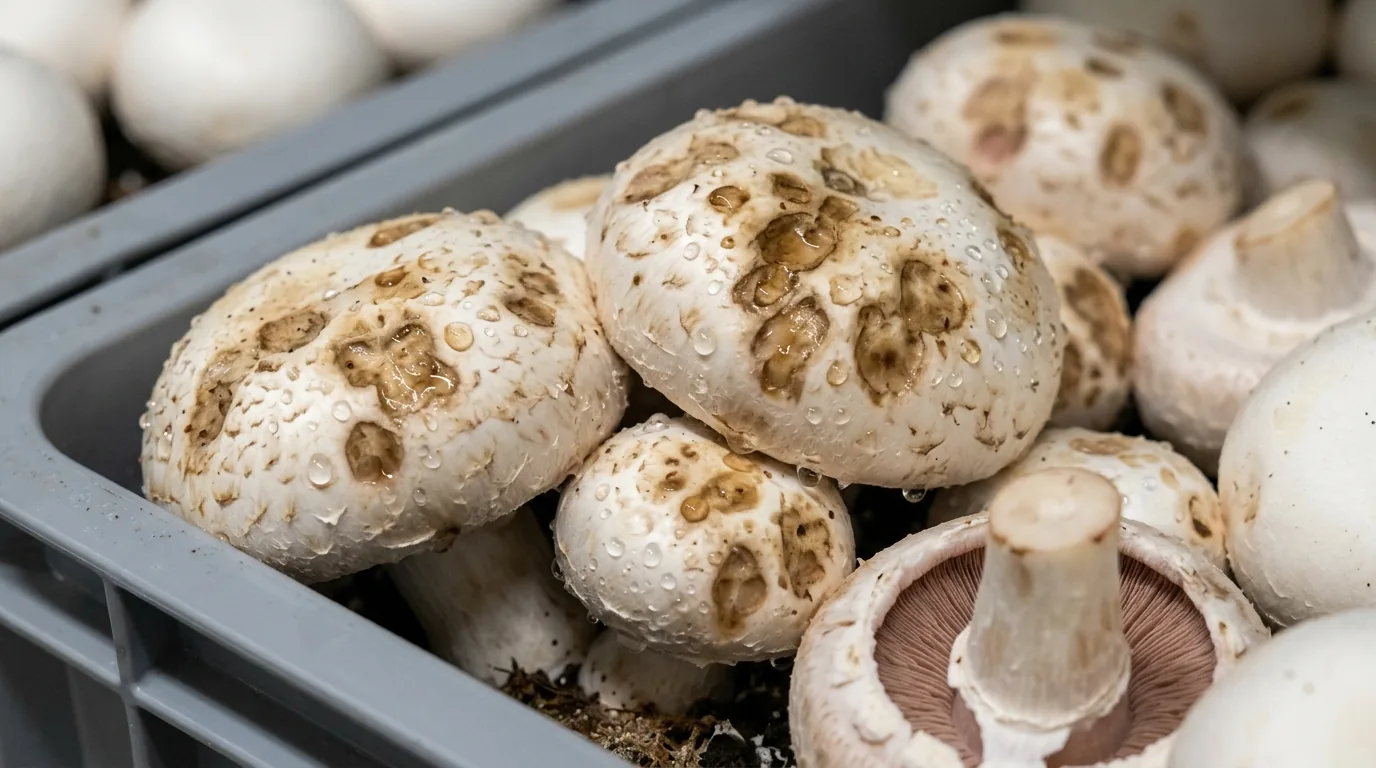 Mushrooms and substrate showing brown blotches and contaminated surface patches.