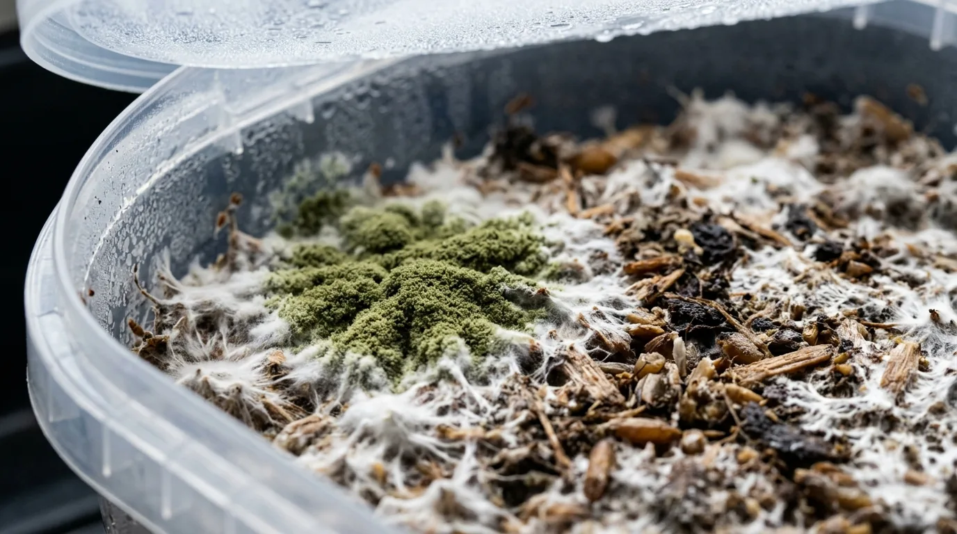 A substrate tub showing mixed white mycelium and green contamination.