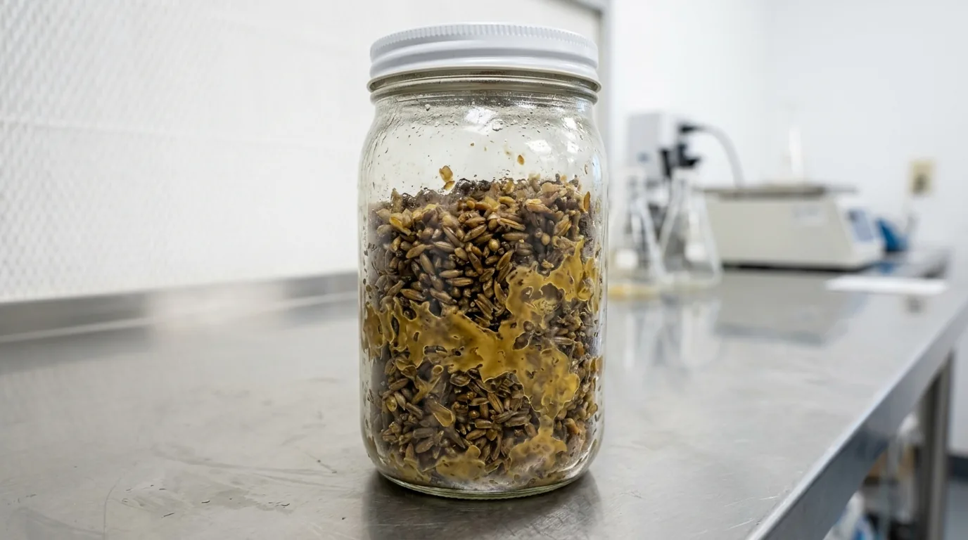 A jar with yellow fluid and stressed colonized grain.