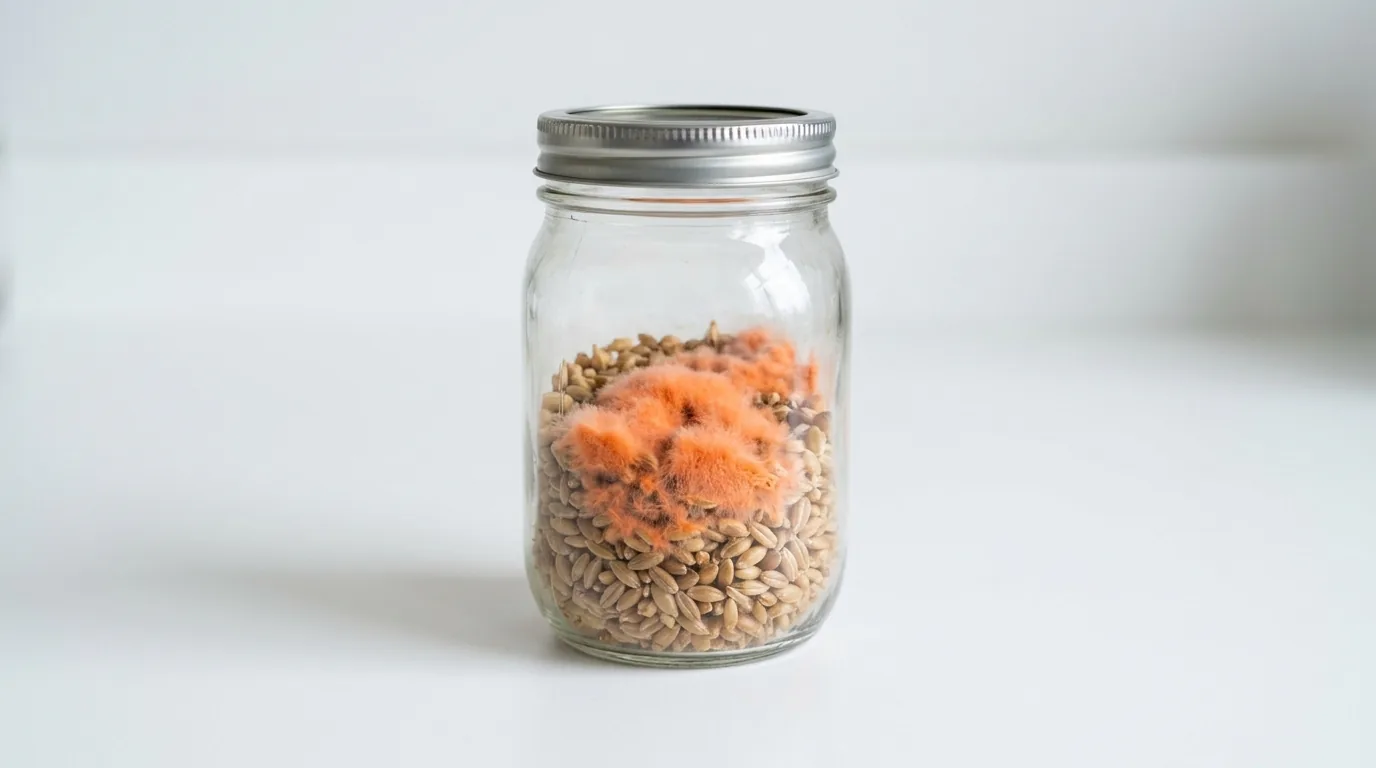 A single sealed jar with salmon-orange mold growth.