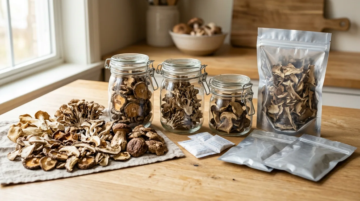 Dried mushrooms arranged with jars and mylar bags for long-term storage.