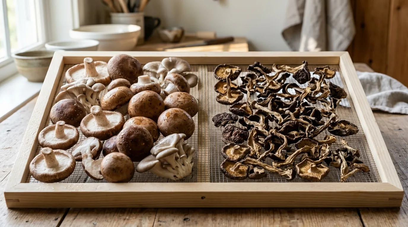 Fresh and dried mushrooms arranged side by side on a drying tray.