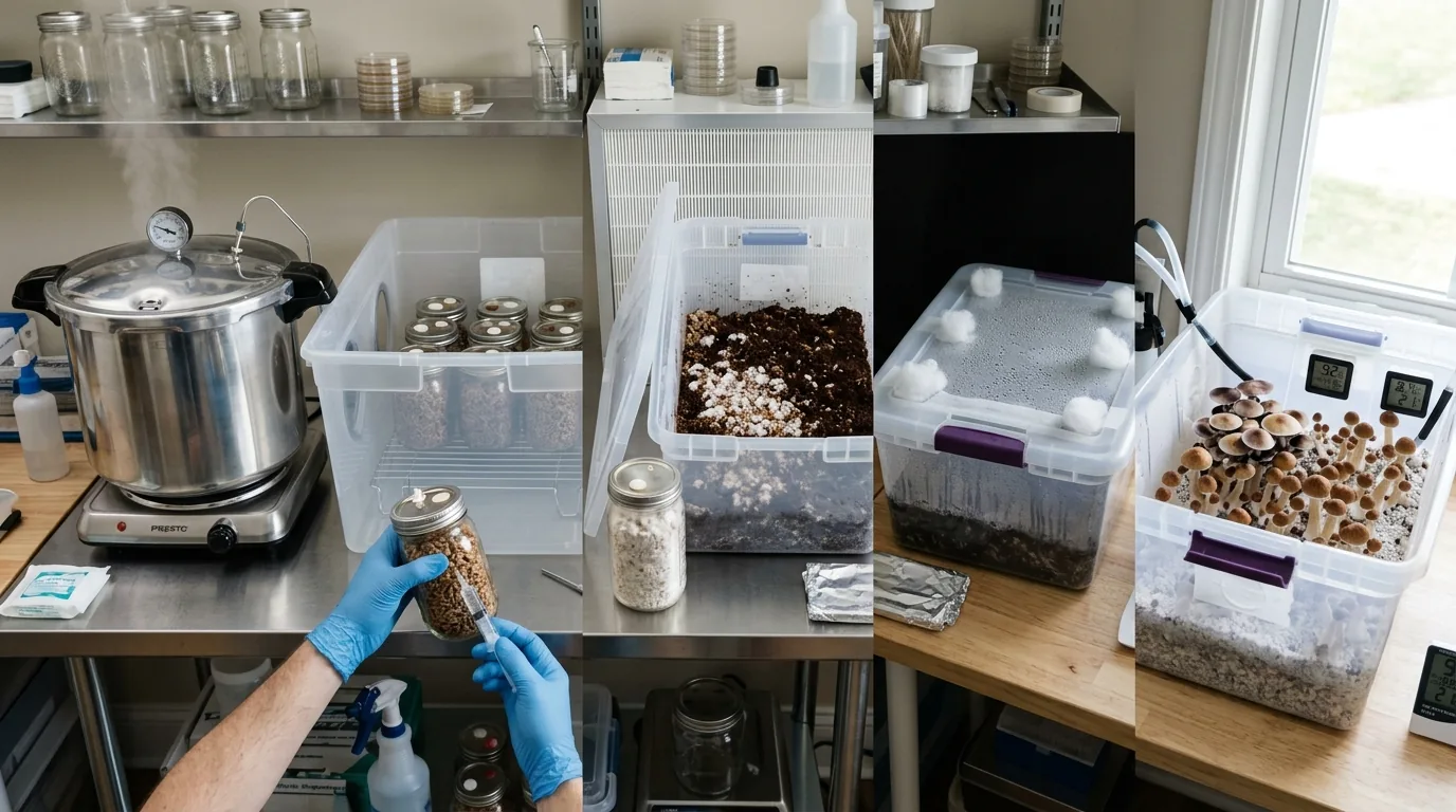 Mushrooms and drying equipment arranged in a clean drying workspace.