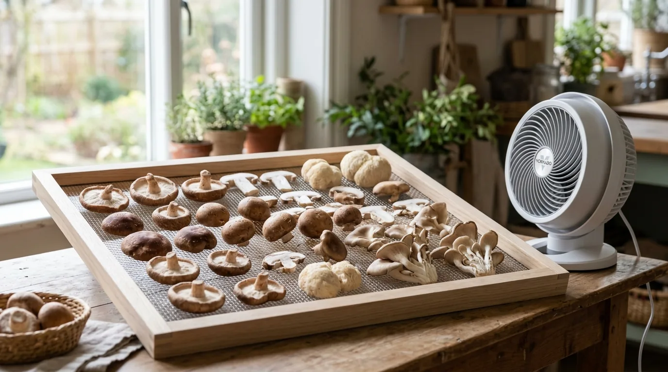 Fresh mushrooms drying on a rack beside a small fan.