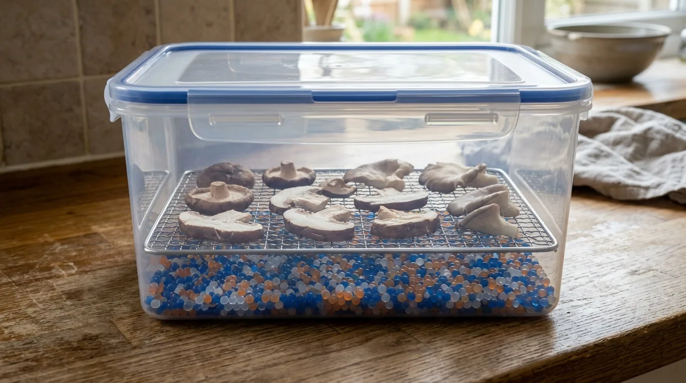 Mushrooms elevated above silica gel in an airtight desiccant drying container.