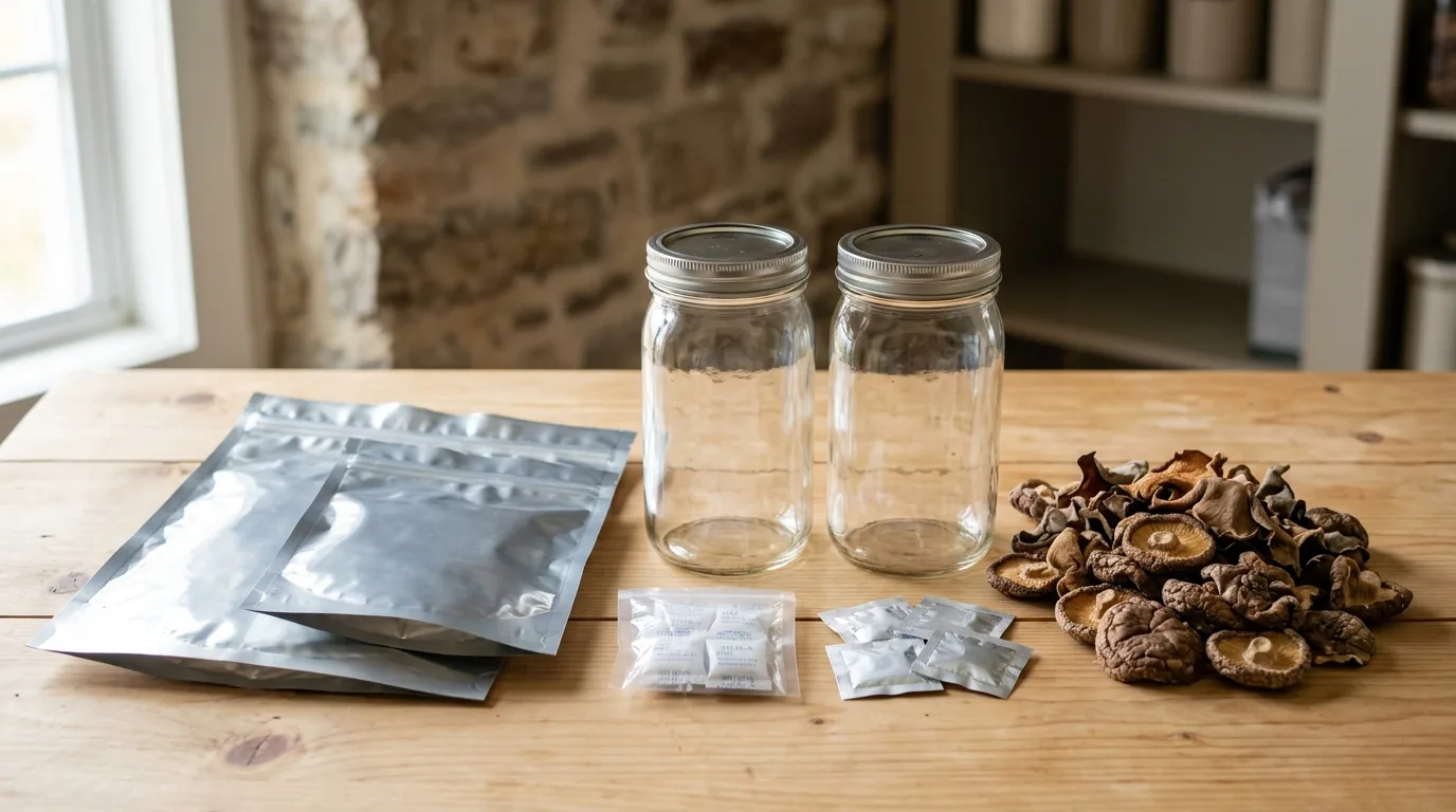 Dried mushrooms arranged beside mason jars, mylar bags, and desiccant packets.