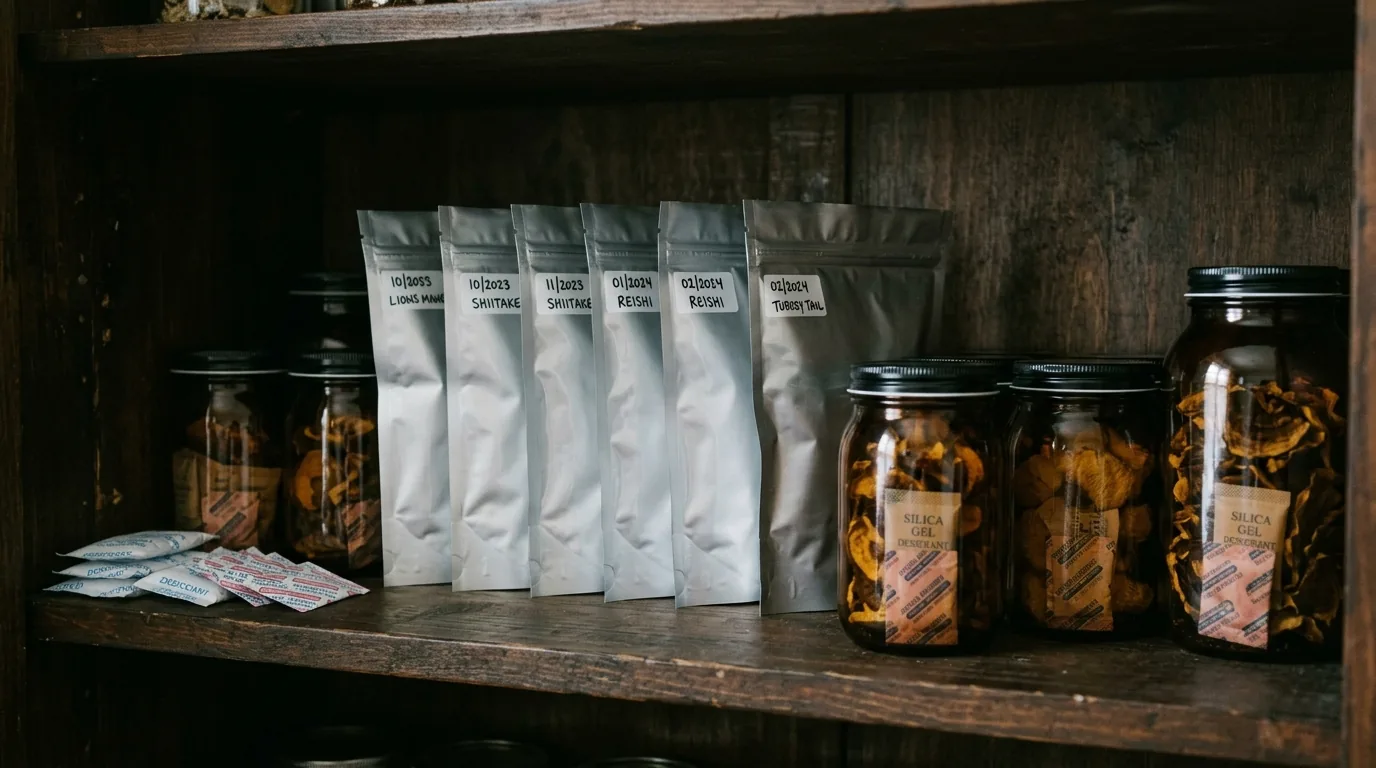 Sealed mylar bags and jars stored in a dark cabinet to limit light, heat, and oxygen exposure.