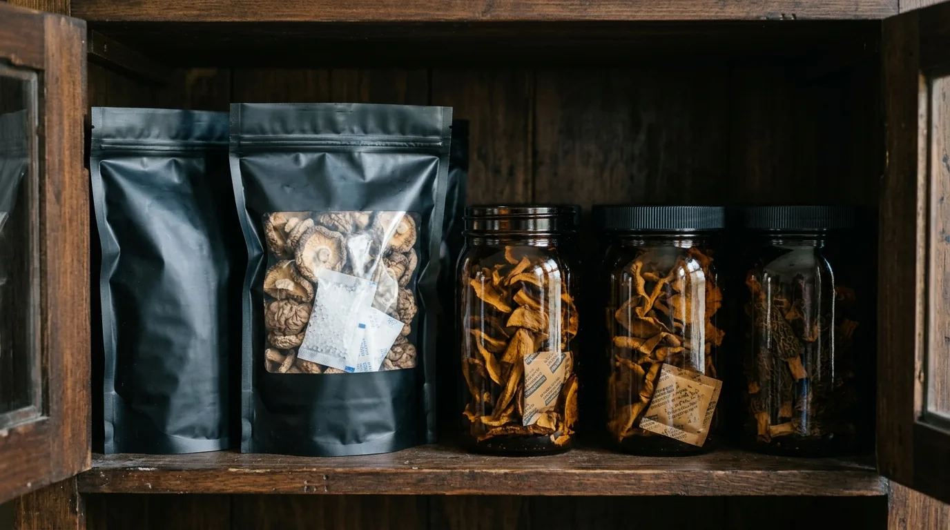 Long-term dried mushroom storage with sealed mylar bags and jars in a cabinet.