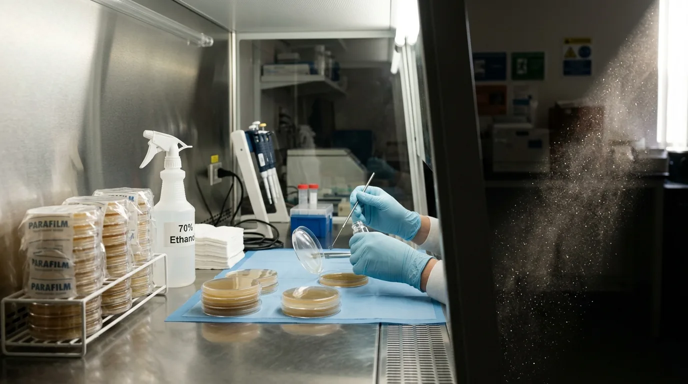 Clean laminar-flow work area with jars and culture tools staged for sterile transfers.