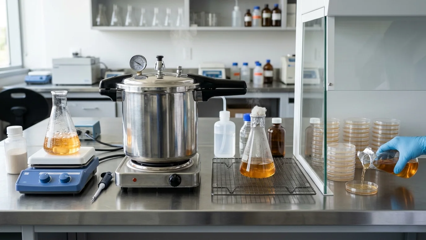 Agar work equipment with plates, media, gloves, and sterile tools laid out.