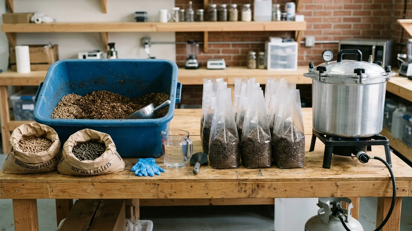 Master's Mix substrate preparation with mixing tub, bags, pressure cooker, and workbench supplies.