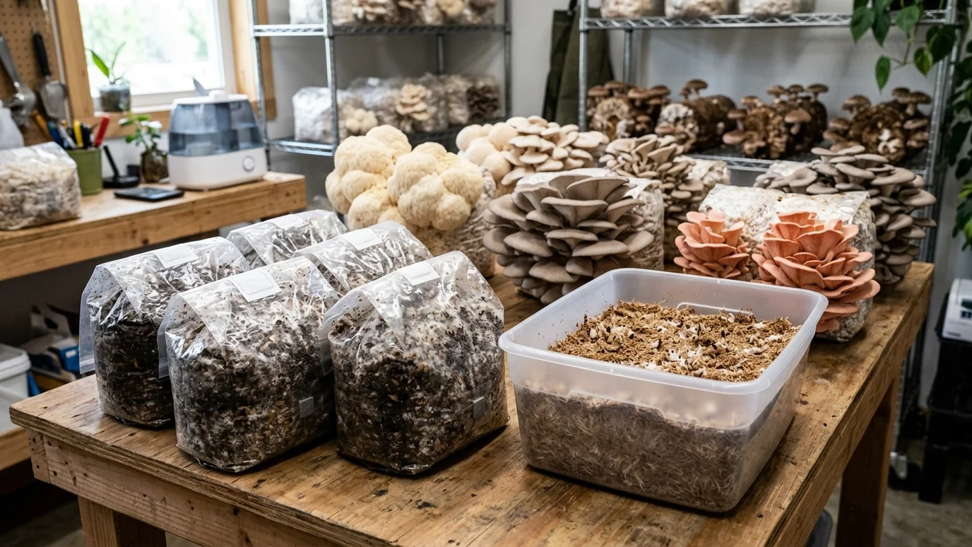 Hardwood and nutrient substrate ingredients measured beside hydrated mushroom substrate bags.