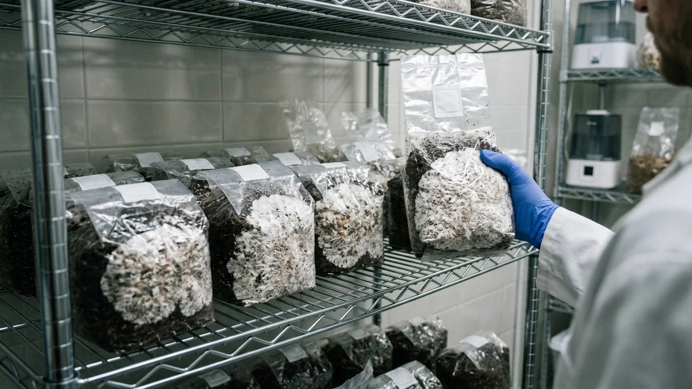 Productive colonized substrate bags on shelves for comparing high-yield substrate performance.