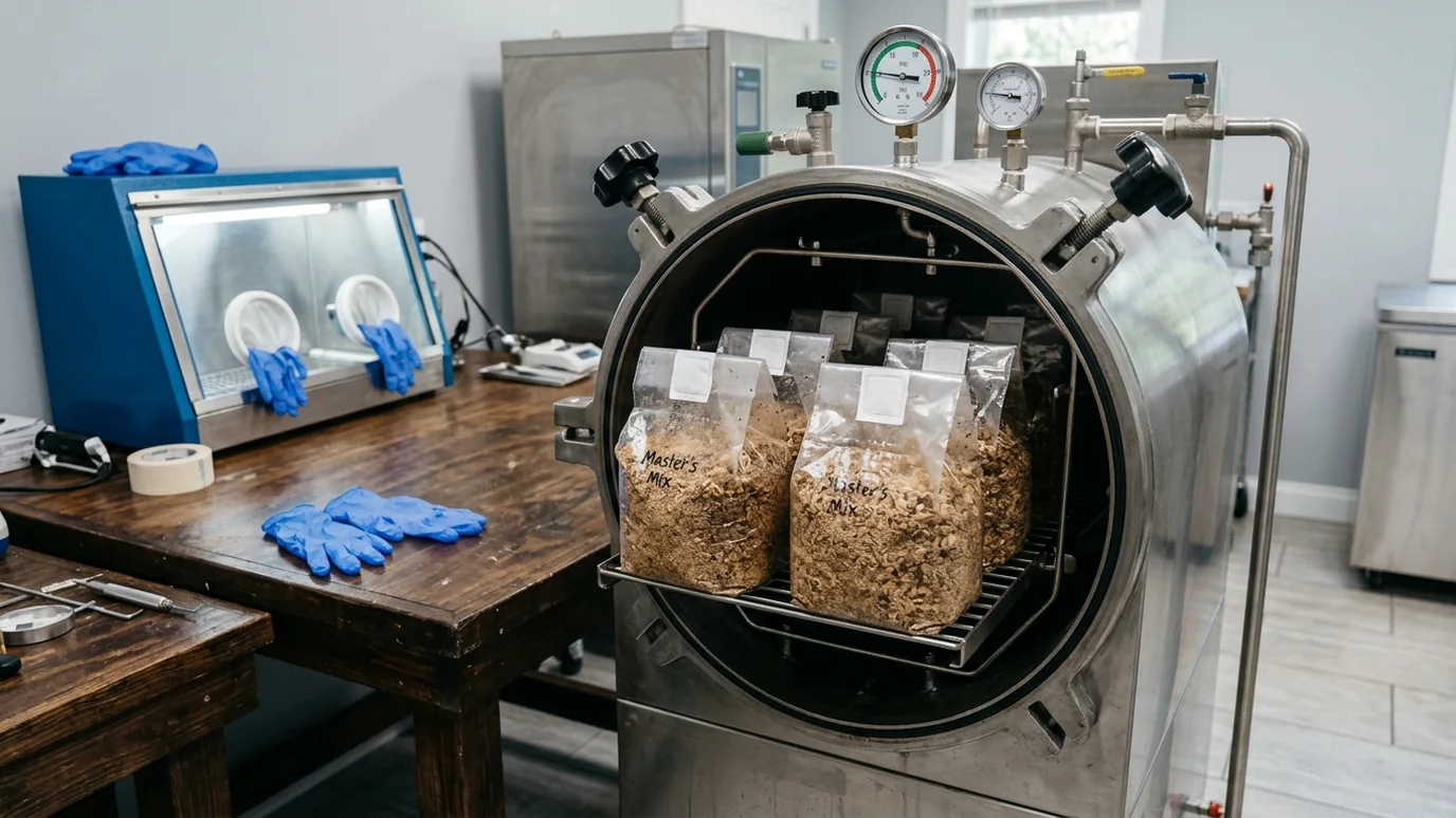 Master's Mix substrate bags loaded in a pressure sterilizer for sterile processing.