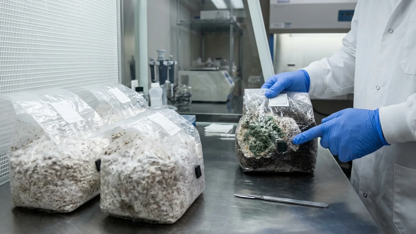 Colonizing substrate bags with white mycelium growth being inspected in a clean workspace.