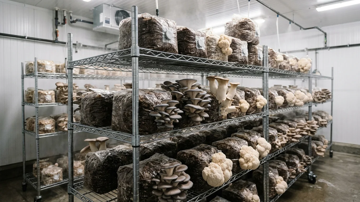 Gourmet mushrooms fruiting from colonized blocks on clean grow room shelves.