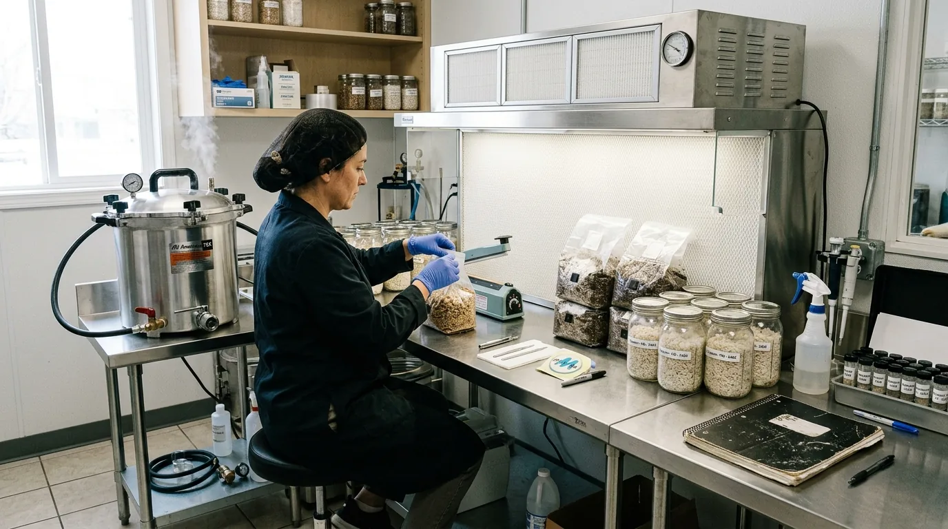 Advanced mushroom cultivation workspace with pressure sterilizer, substrate bags, grain jars, and sterile tools.