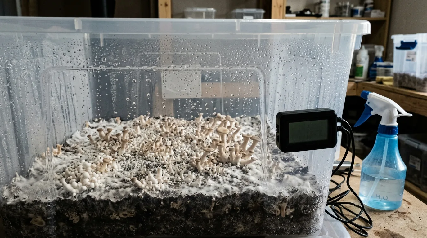 Close monotub chamber with surface moisture, condensation, mister, and humidity monitor nearby.