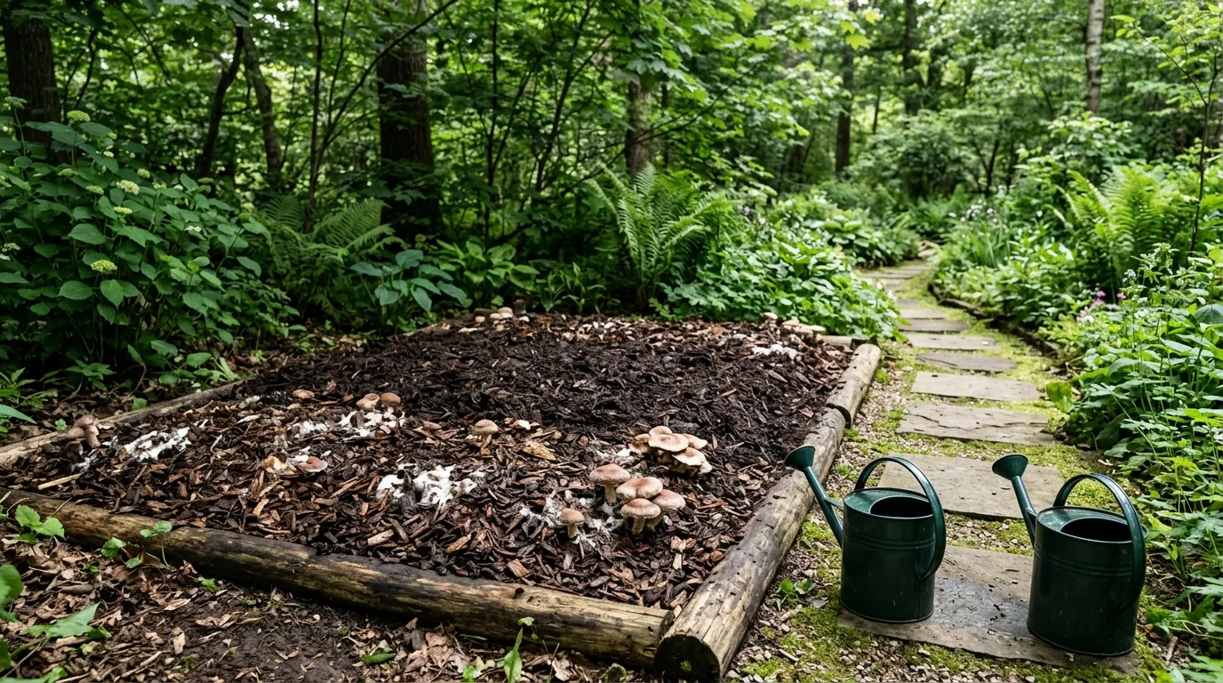 Maintained shaded outdoor wood-chip bed with watering cans and garden path nearby.