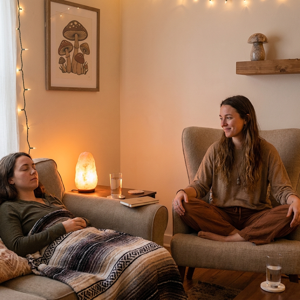 Warm supervised session room for psilocybin therapy education