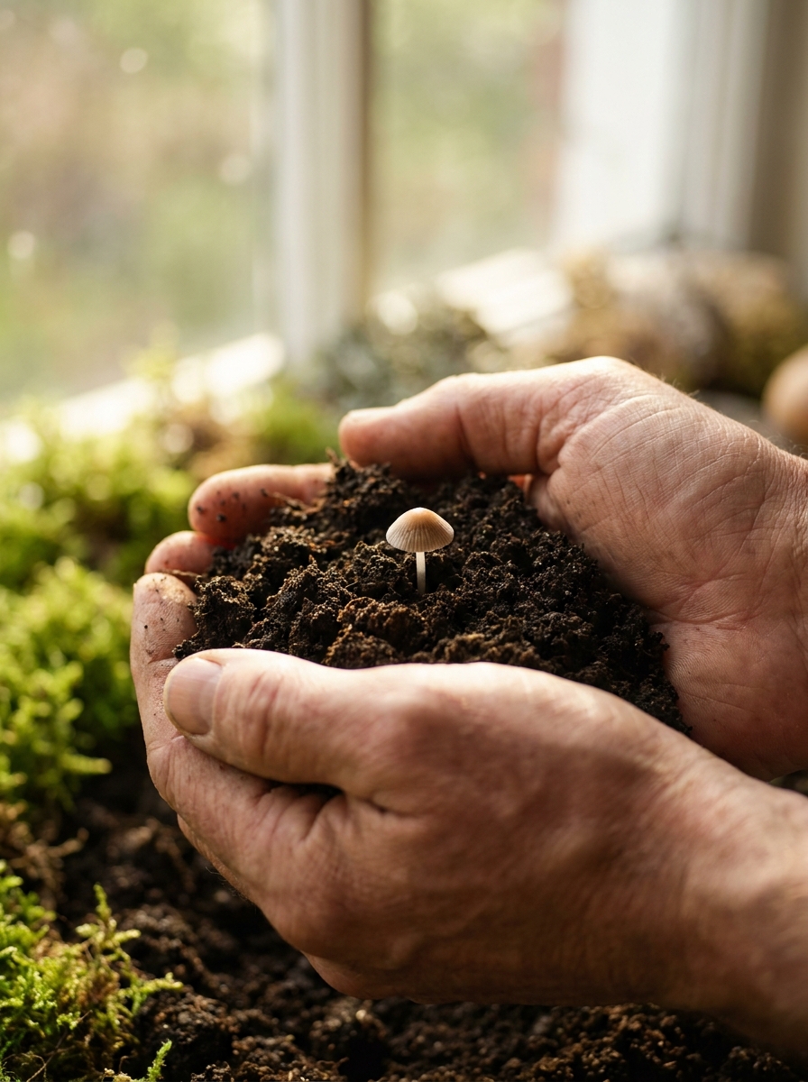 Hands holding soil with sprouting mushroom representing Ecuador cultivation