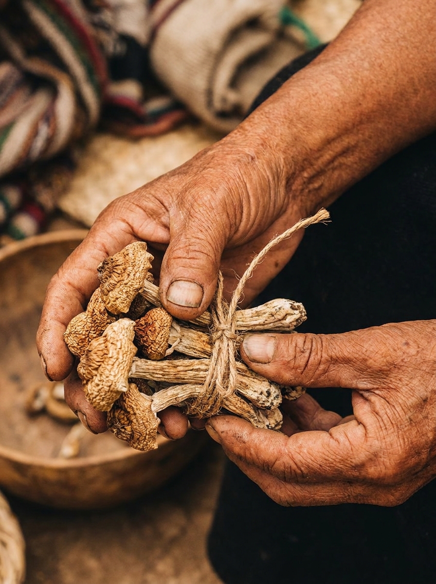 Traditional hands holding dried mushroom bundle representing Amazonian origins