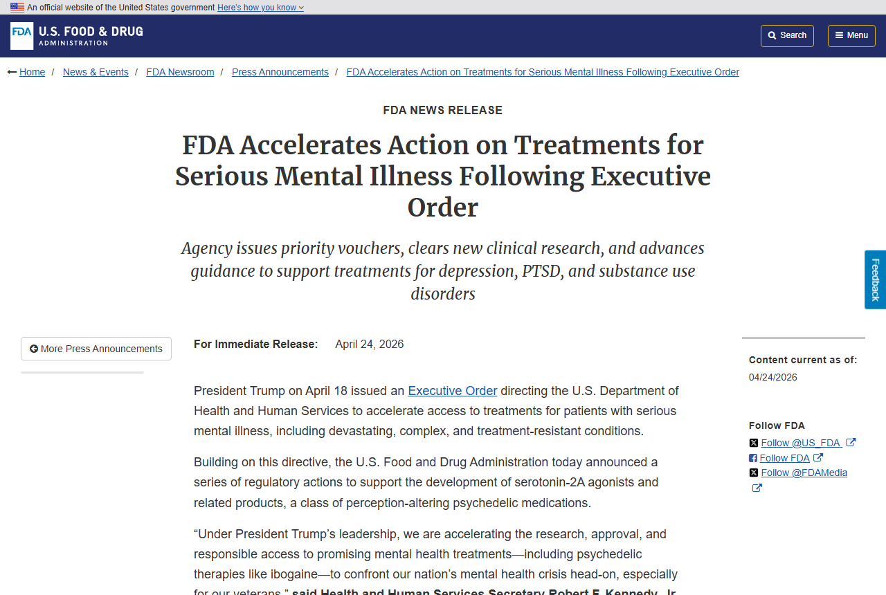 FDA April 2026 announcement about treatments for serious mental illness following the executive order