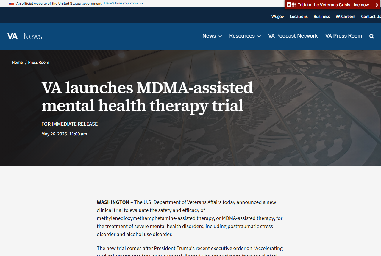 VA May 2026 announcement for an MDMA-assisted mental health therapy trial