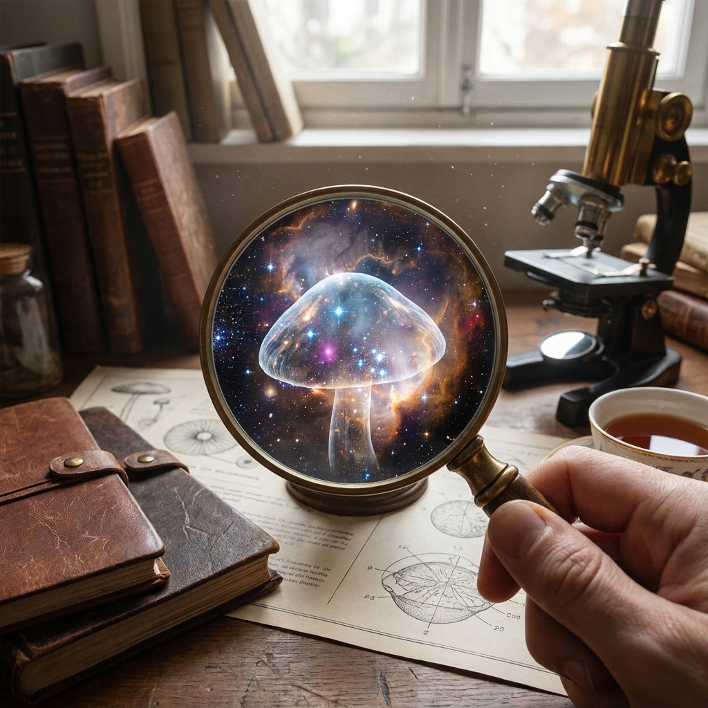 Magnifying glass over a mushroom field guide for searching LearnShrooms