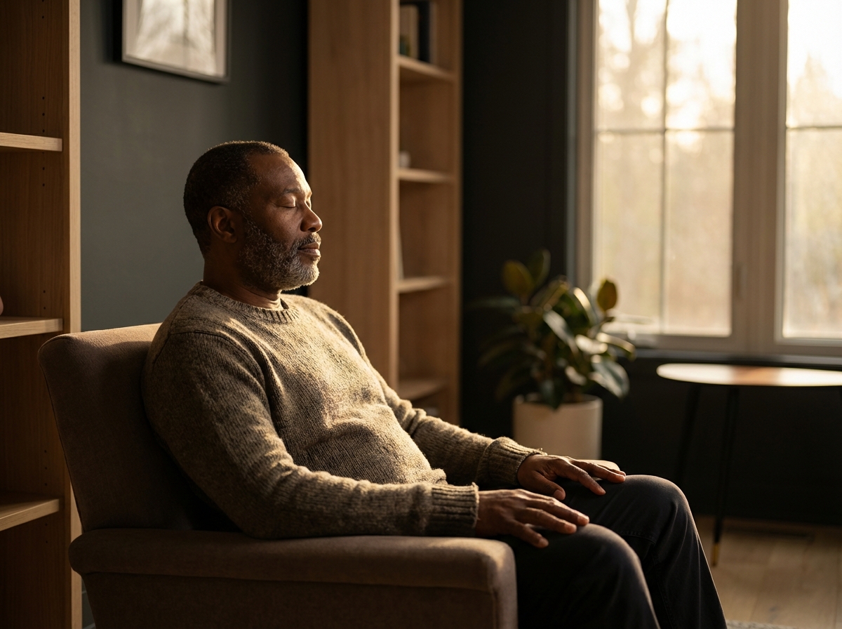 Man in peaceful meditation armchair for psilocybin session guidance