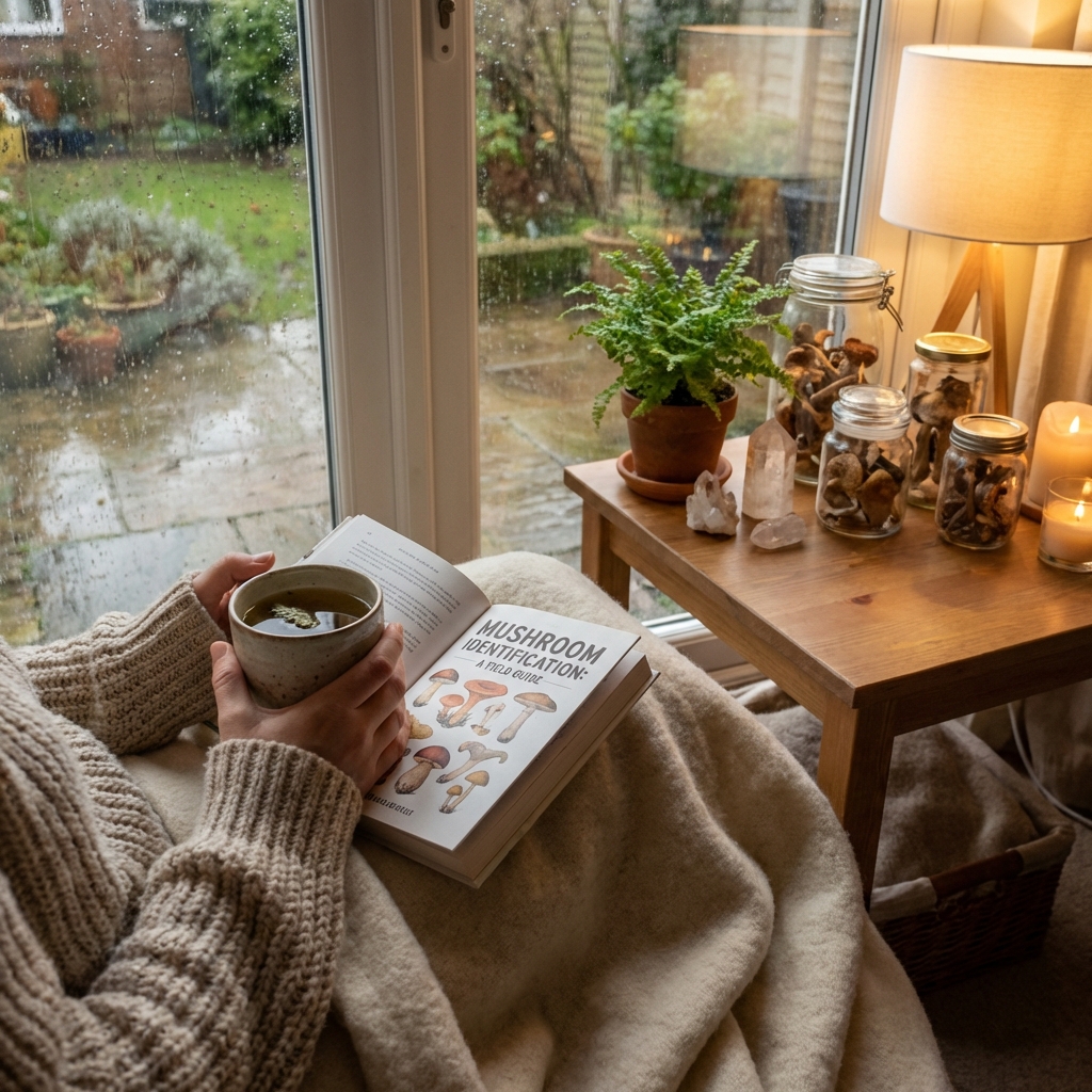 Person reading psilocybin field guide representing FAQ resources
