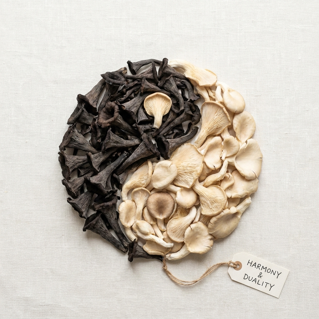 Mushrooms in yin-yang arrangement representing duality of effects