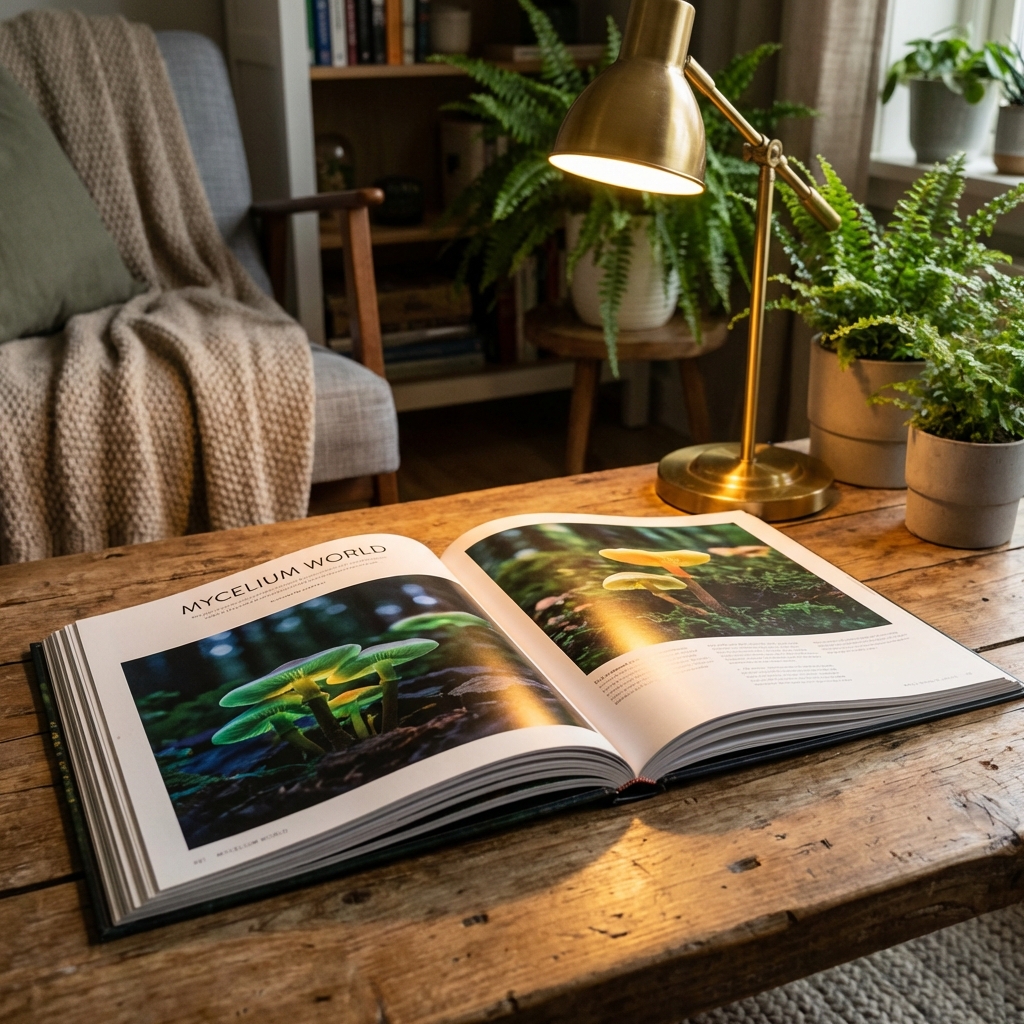 Open Mycelium World book in cozy reading nook for PF Tek guide