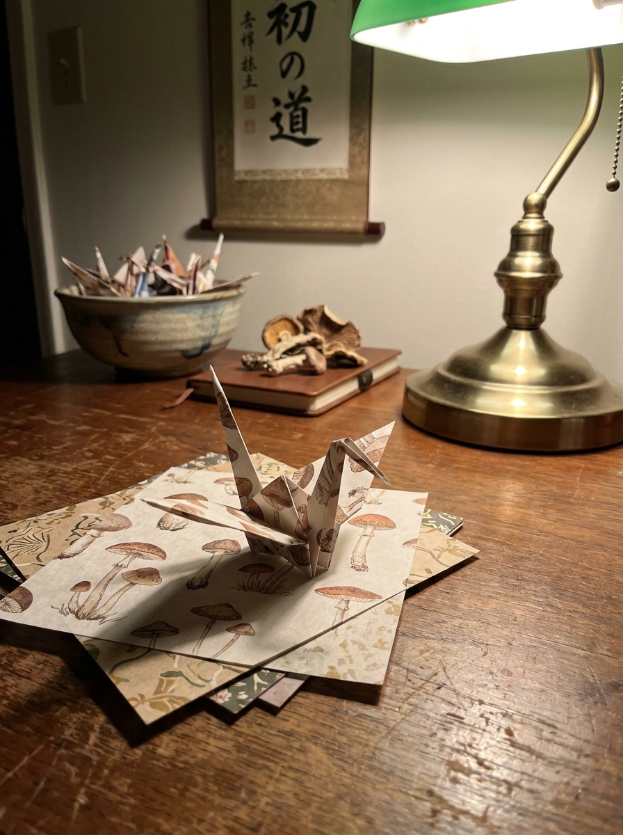 Origami crane on mushroom botanical prints representing Cambodian cultural origins