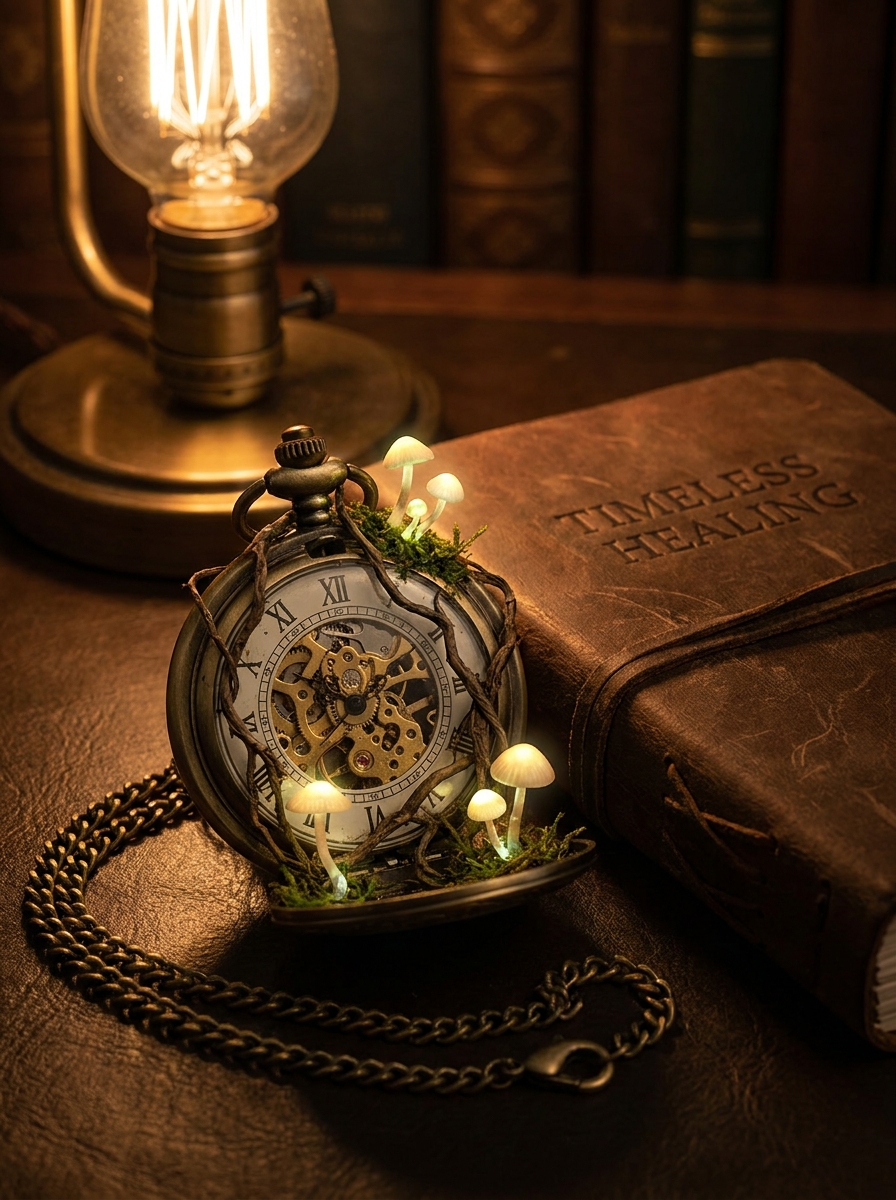 Pocket watch with mushrooms representing daily microdosing practice