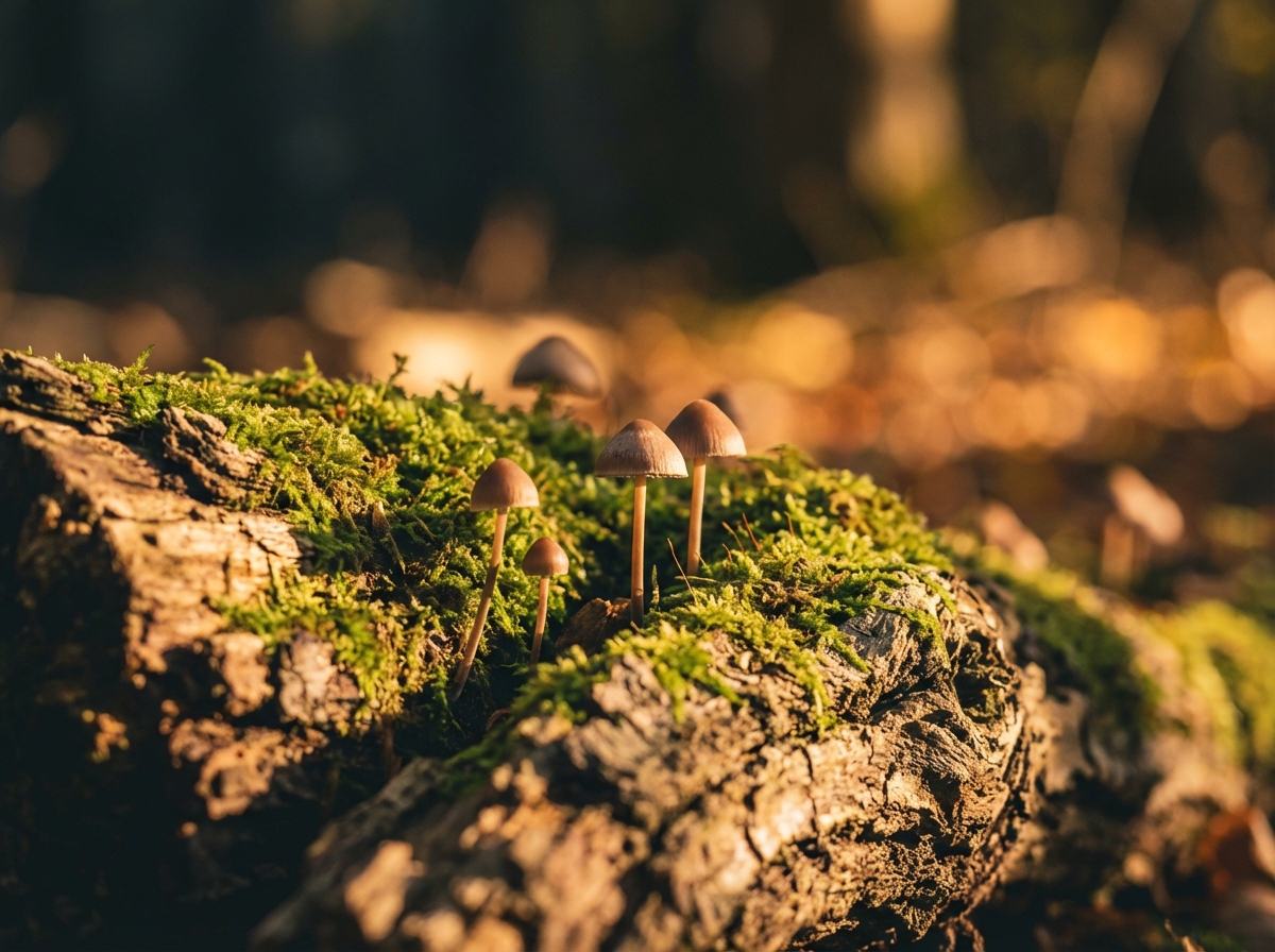 Autumn mushrooms on mossy log representing Maine's forests