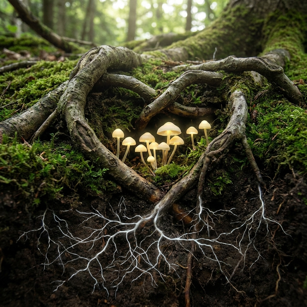 Tree roots forming heart shape around glowing mushrooms for integration