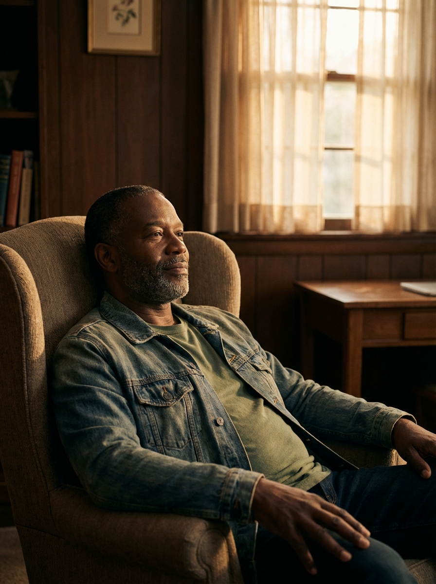 Veteran sitting reflectively in armchair for PTSD therapy