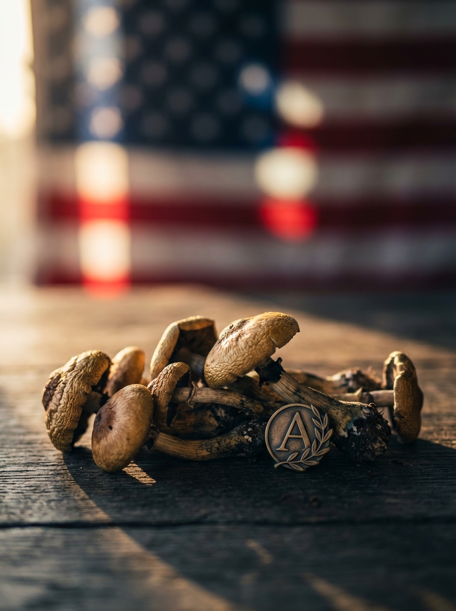 Dried psilocybin mushrooms beside a U.S. military service pin in front of an American flag — symbolizing veteran-driven psychedelic policy reform